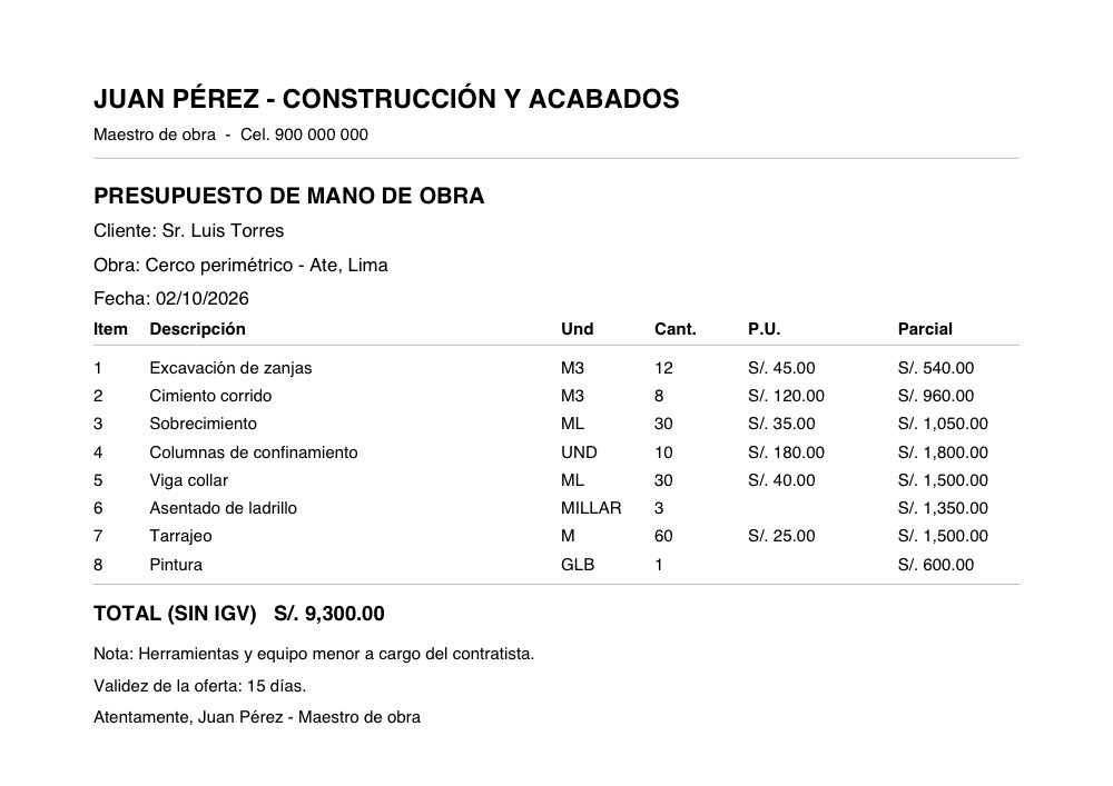 Presupuesto de ejemplo de un maestro de obra: ocho partidas para un cerco perimétrico, desde excavación hasta pintura, con total de S/. 9,300 sin IGV.